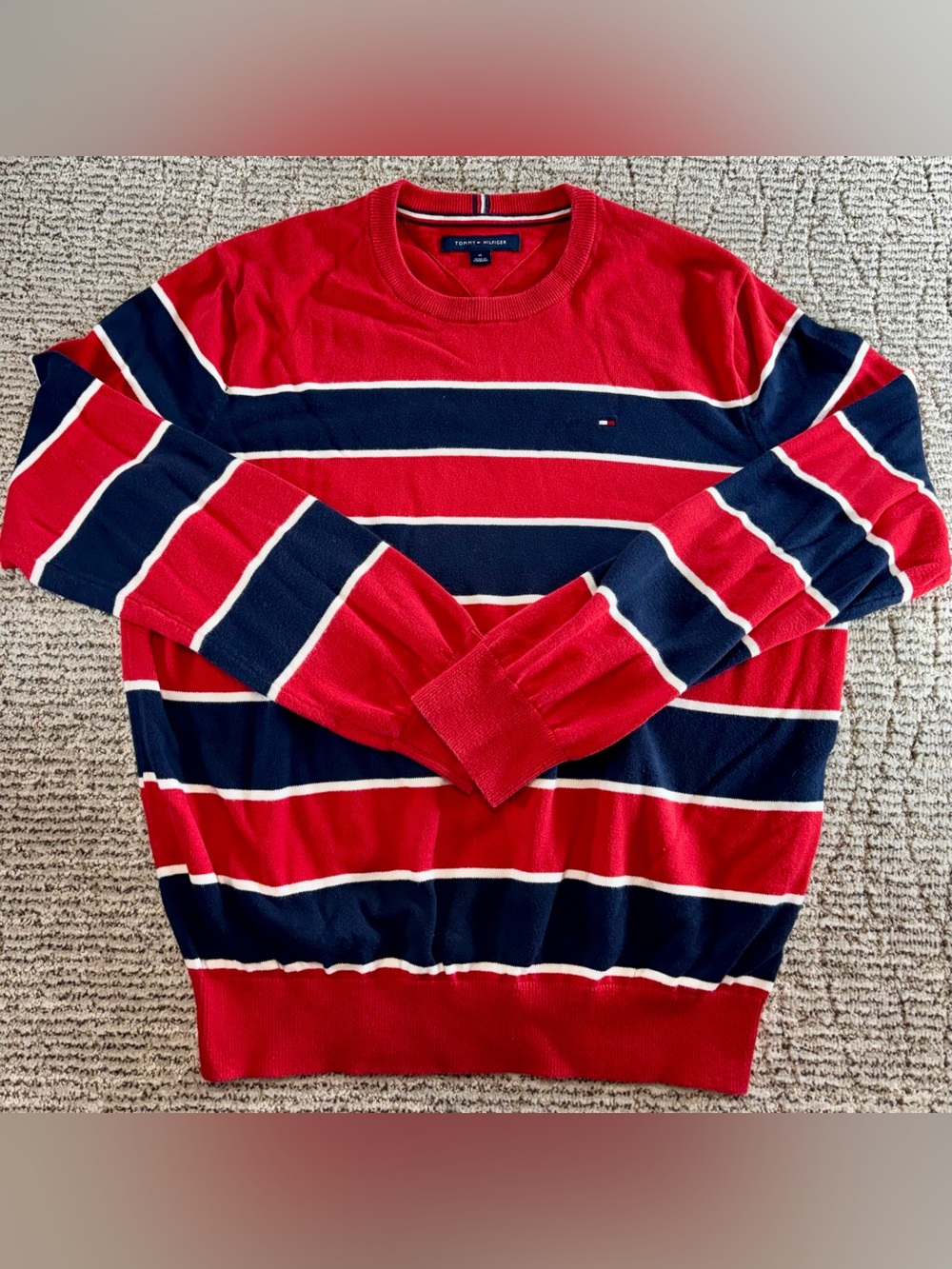 Tommy Hilfiger Men’s Medium Red-Navy Striped Pullover Crewneck Sweater
